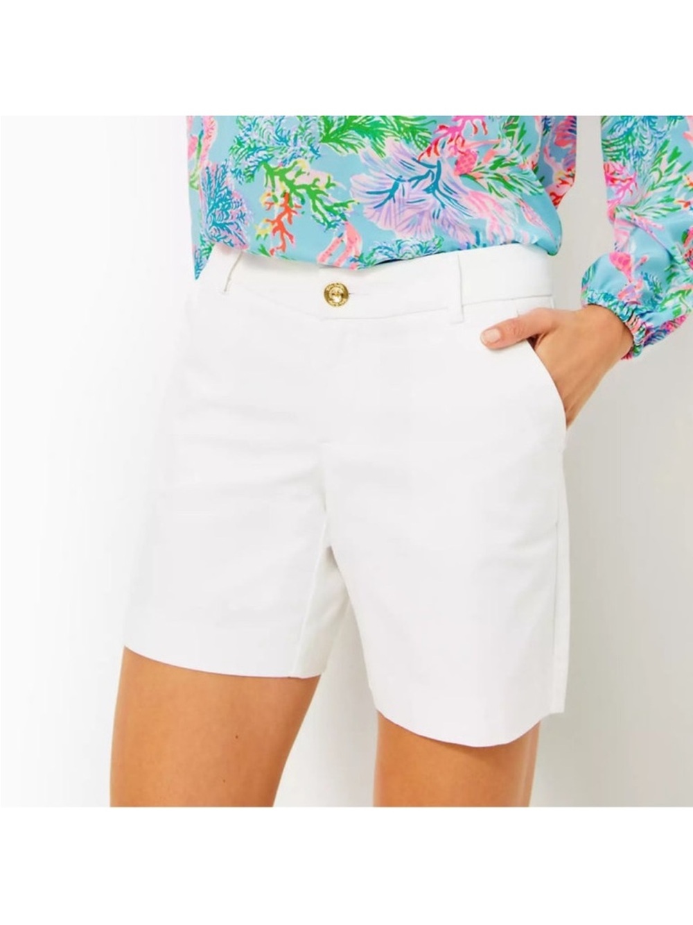 Lilly Pulitzer White Gold-Button Tailored Shorts